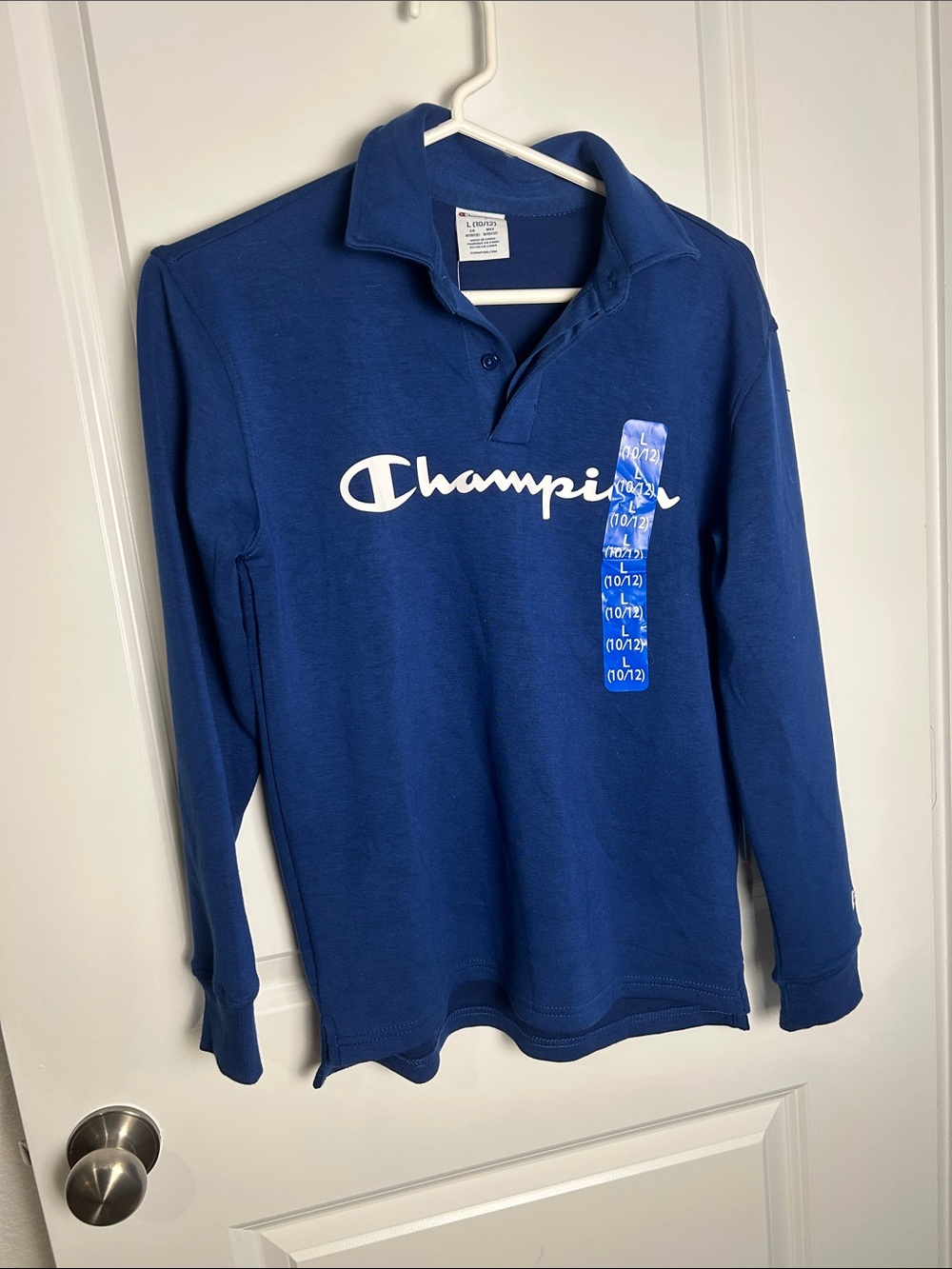 Champion Blue Long-Sleeve Polo with White Script Logo